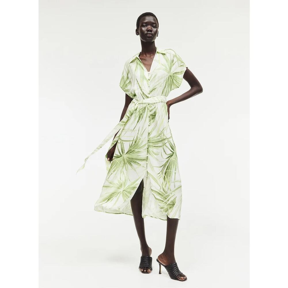 Large H&M Tropical Print Midi Dress Palm White Green Vacation Summer Party - Picture 4 of 14